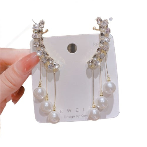 Crescent Moon Pearl Tassel Elegance-Fashion Earrings-StylinArts
