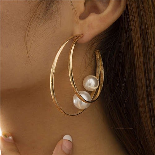Dual Circle Pearl Glamour Hoops-Fashion Earrings-StylinArts