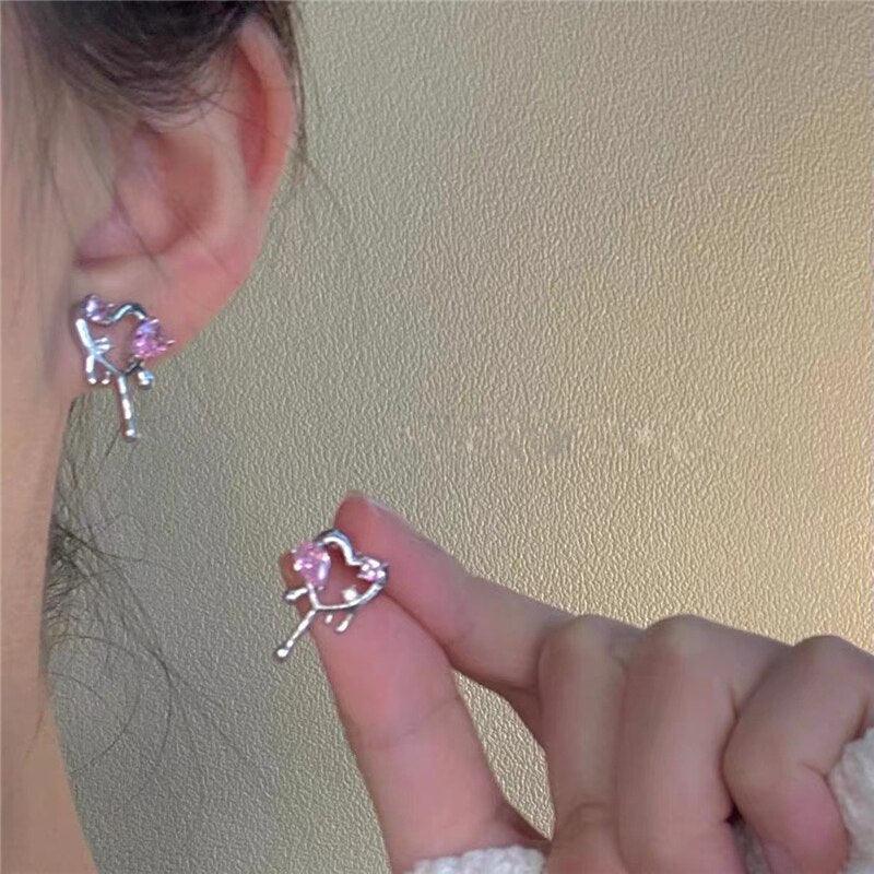 Pink Crystal Zircon Heart Earrings-Fashion Earrings-StylinArts
