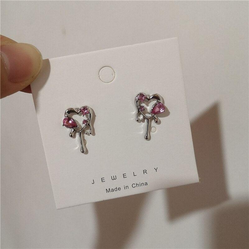 Pink Crystal Zircon Heart Earrings-Fashion Earrings-StylinArts