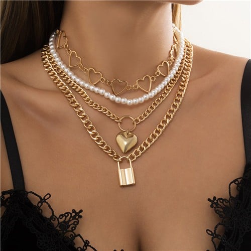 Heart & Lock Harmony: Multi-layer Pearl Necklace-Fashion Necklaces-StylinArts