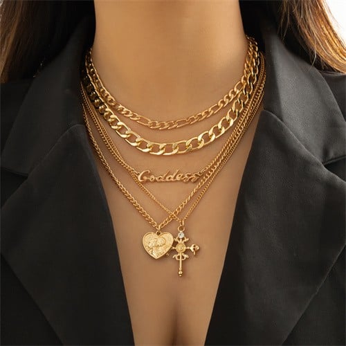 Hip-hop Gold: Cross and Heart Layered Necklace-Fashion Necklaces-StylinArts