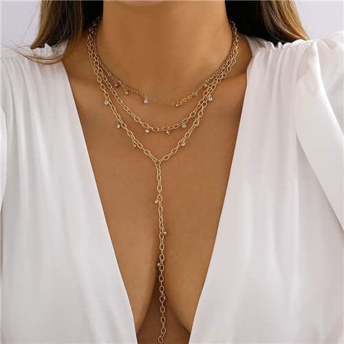 Mini Rhinestone Glow: Golden Tassel Necklace-Fashion Necklaces-StylinArts