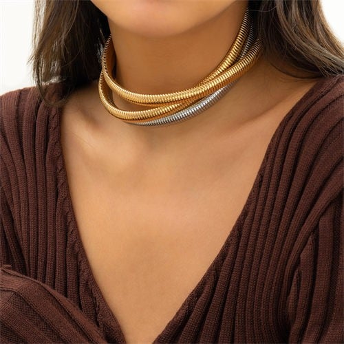 Gold-Silver Harmony: Three-Layer Alloy Choker-Fashion Necklaces-StylinArts