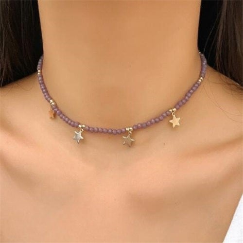 Starry Purple: Beaded Star Pendant Necklace-Fashion Necklaces-StylinArts
