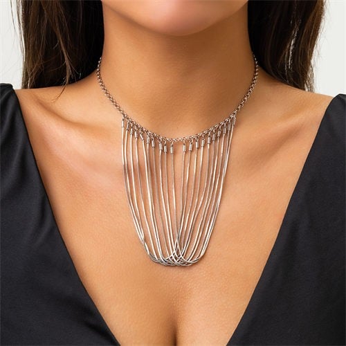 Silver Tassel: Snake Bone Chain Necklace-Fashion Necklaces-StylinArts