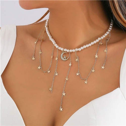 Vintage Star-Moon: Rhinestone Pearl Necklace-Fashion Necklaces-StylinArts