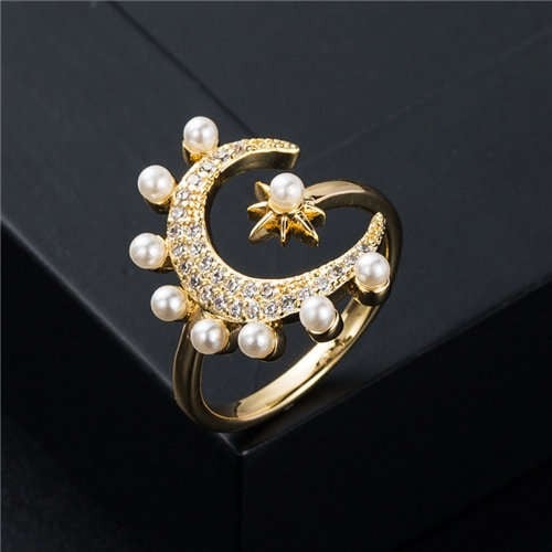 Lunar Pearl: Moon and Star Copper Ring-Fashion Rings-StylinArts