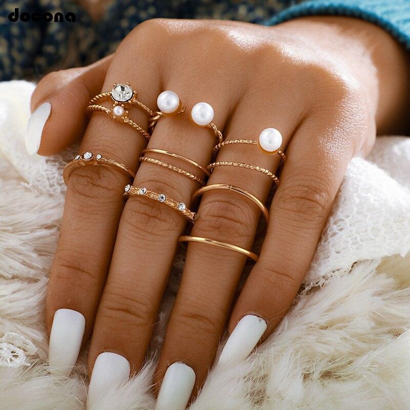 Trendy Gold Pearl Crystal Geometric Ring Set-Fashion Rings-StylinArts