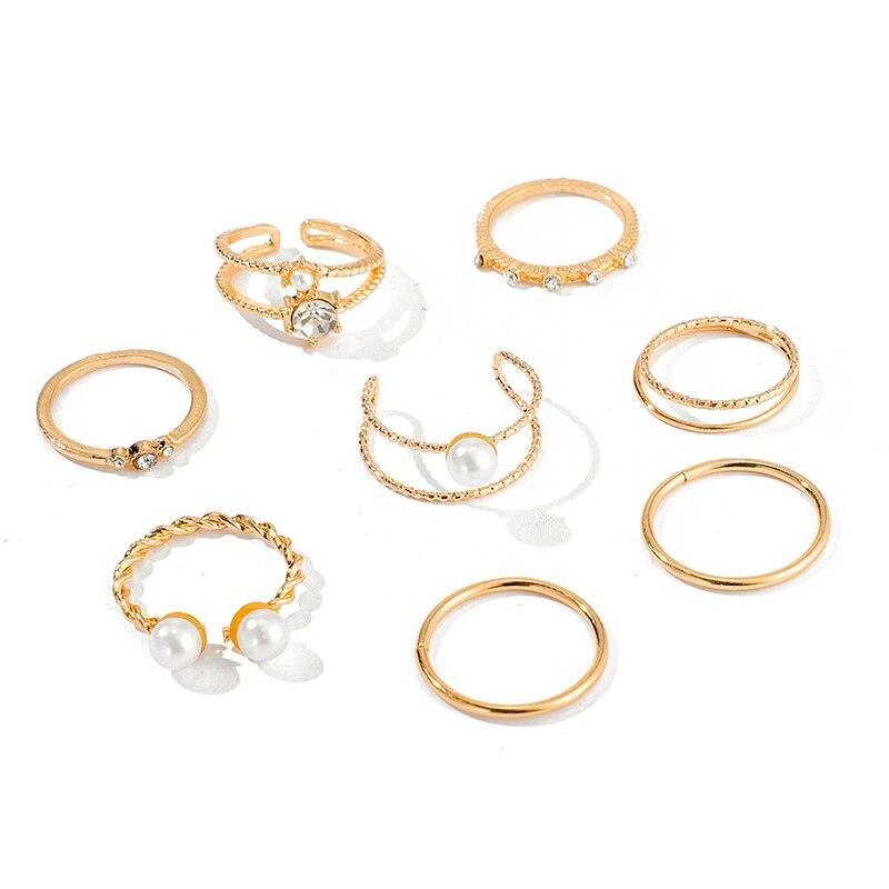 Trendy Gold Pearl Crystal Geometric Ring Set-Fashion Rings-StylinArts