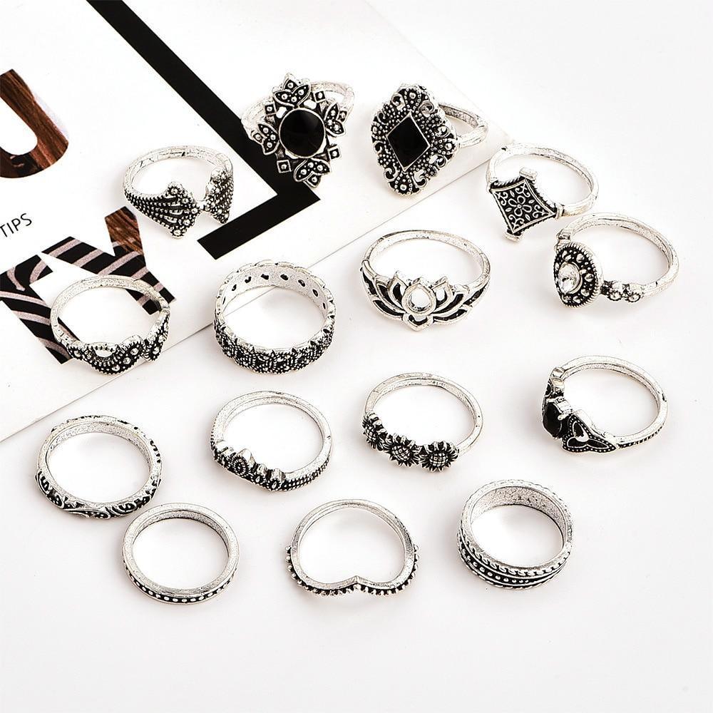 15 Piece Bohemian Ring Set-Fashion Rings-StylinArts