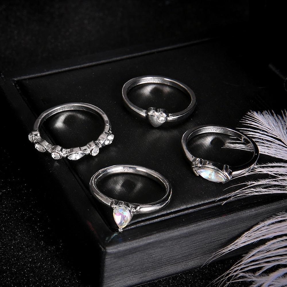 Classic Silver Crystal Heart Ring Set-Fashion Rings-StylinArts