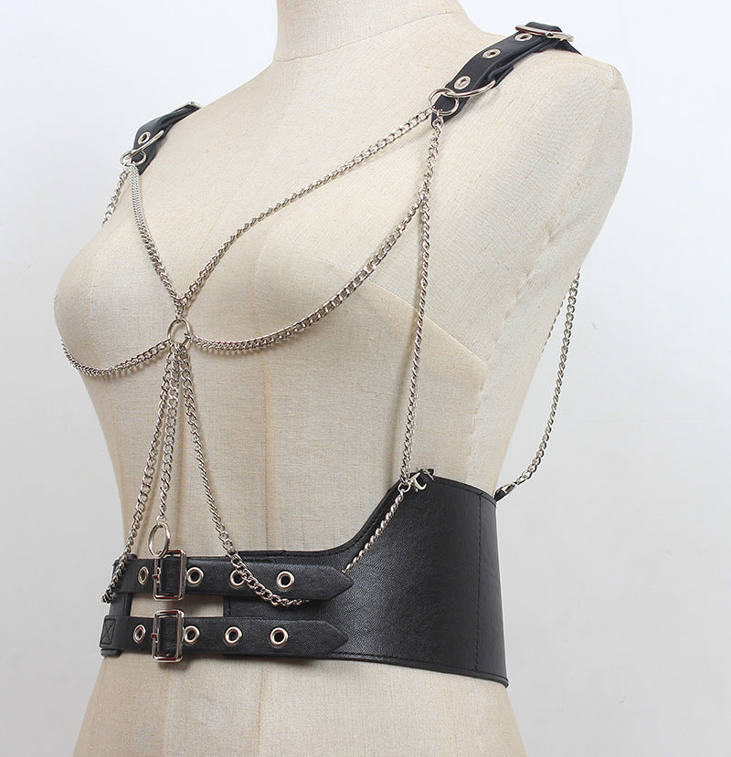 Chainlink Leather Harness Bra-Suspender Belts-StylinArts