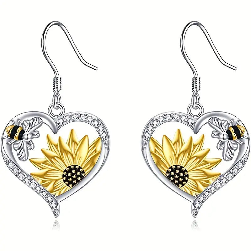 Sunlit Harmony: Sunflower and Bee Heart-Shaped Earrings-Fashion Earrings-StylinArts