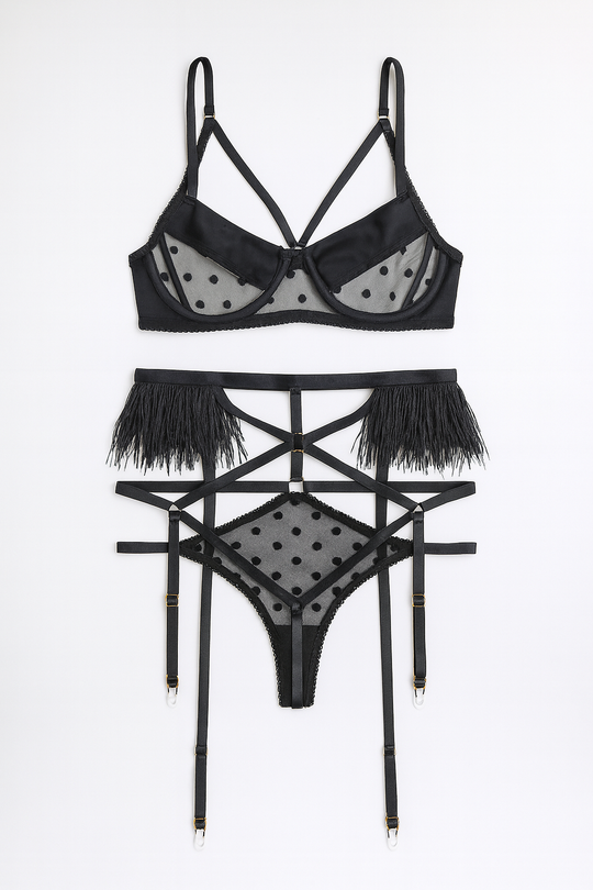 Veloura Dot Fringe Garter Set-Black-L-Basques-StylinArts