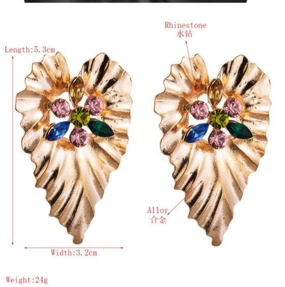 Gilded Leaves: Multicolor Rhinestone Leaf Statement Earrings-Fashion Earrings-StylinArts