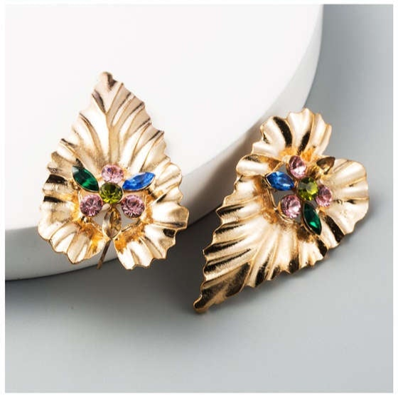 Gilded Leaves: Multicolor Rhinestone Leaf Statement Earrings-Fashion Earrings-StylinArts