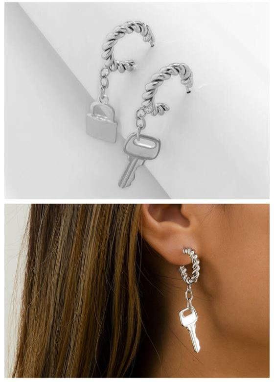 Silver Lock & Key Twist: Asymmetrical C Shape Earrings-Fashion Earrings-StylinArts