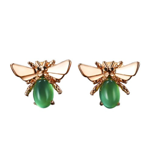 Green Gem Embellished Bee Design Women Rose Gold Earrings