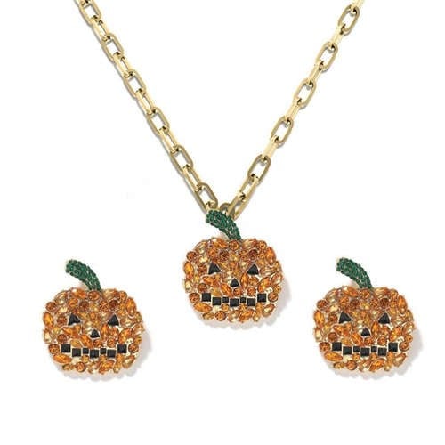 Halloween High Fashion Rhinestone Pumpkin Design Costume Necklace and Earrings Set