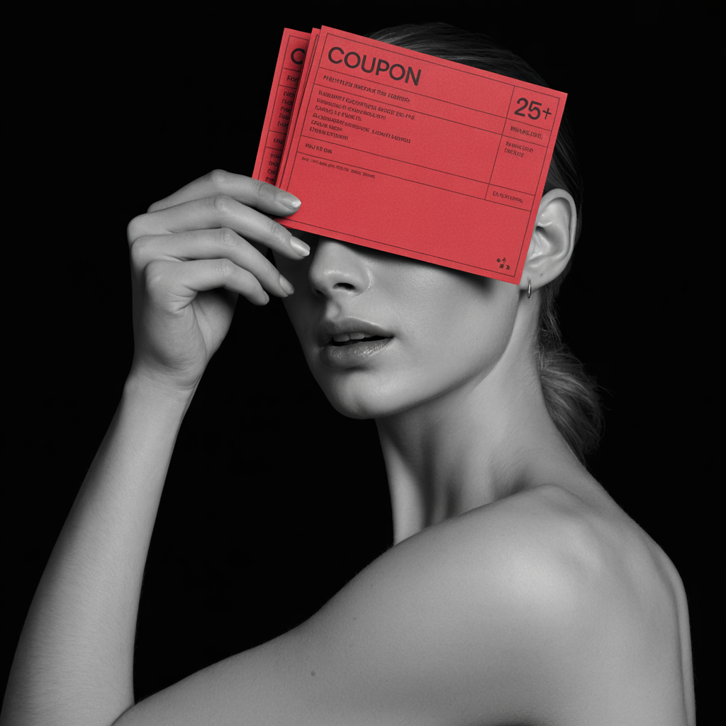 Blank red ticket-style coupons on matte black surface with silver pen