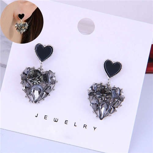 Korean Fashion Black Heart Czech Rhinestone Women Wholesale Stud Earrings