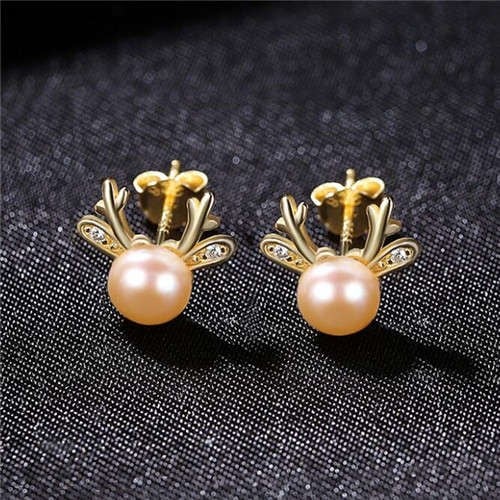 Korean Fashion Sika Deer Design Natral Pearl Wholesale 925 Sterling Silver Earrings - Pink
