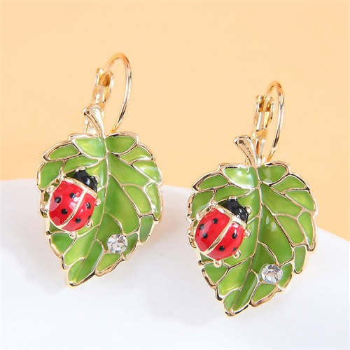 Enchanted Garden: Ladybug and Leaf Enamel Drop Earrings-Fashion Earrings-StylinArts