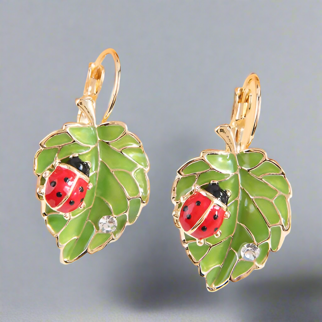 Enchanted Garden: Ladybug and Leaf Enamel Drop Earrings-Fashion Earrings-StylinArts