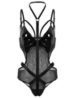 Leather Hollow Halter One Piece Lingerie.