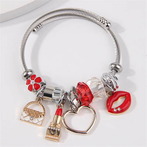 Eternal Charm: Handcrafted Bracelet with Lipstick, Heart & Handbag Pendants-Fashion Bracelets & Bangles-StylinArts