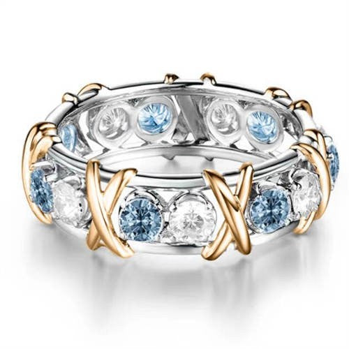 Aqua Brilliance: Two-Tone Lake Blue Cubic Zirconia Eternity Ring-Fashion Rings-StylinArts