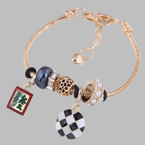 Mahjong and Checkered Round Pendants Beads High Fashion Women Wholesale Bracelet - Black