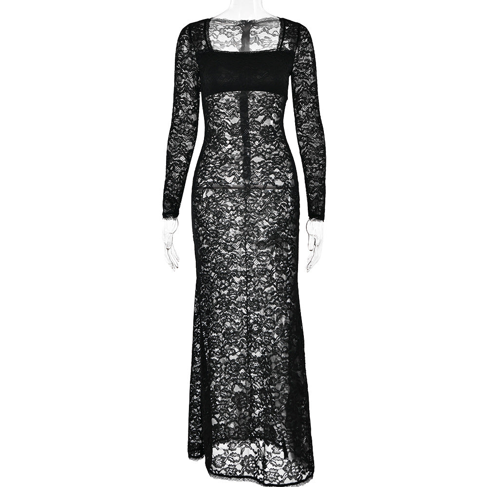 Trendy Allure: Lace Stitching See-Through Long Sleeve Sheath Dress-Maxi Dress-StylinArts