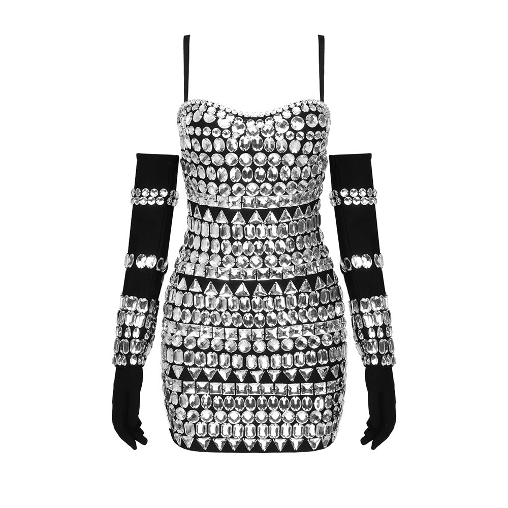 Black Rhinestone Embellished Cami Dress: Sleek Sleeveless Style-Mini Dress-StylinArts