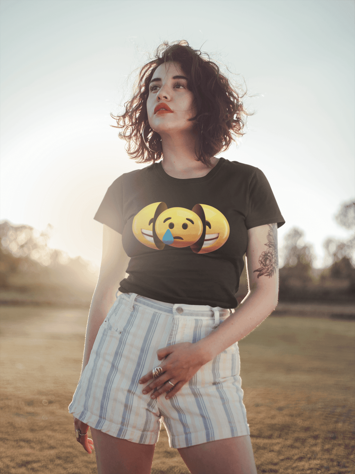 Dual Emotion Emoji - Happy Sad Tee-Regular Fit Tee-StylinArts