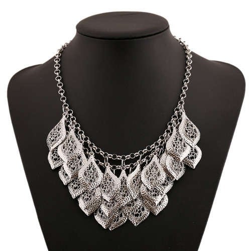 Multi-layer Hollow Leaves Vintage Bold Fashion Women Bib Necklace - Silver