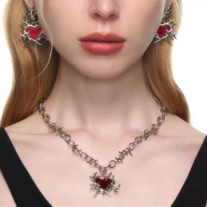 Gothic Romance Red Thorns Love Heart Necklace and Earrings Set-Necklace-StylinArts
