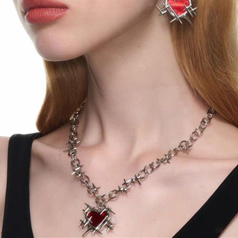 Gothic Romance Red Thorns Love Heart Necklace and Earrings Set-Necklace-StylinArts