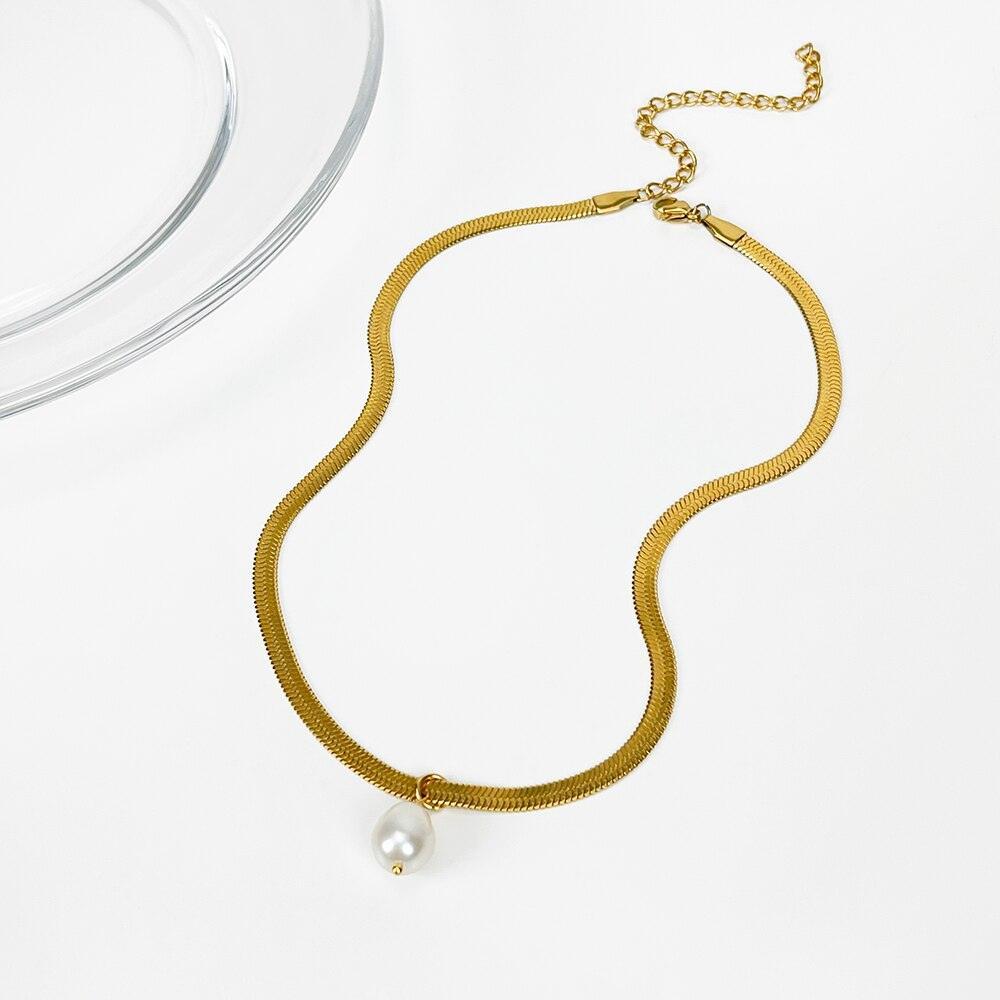 Opulent Flat Snake Titanium Pearl Necklace-Necklace-StylinArts