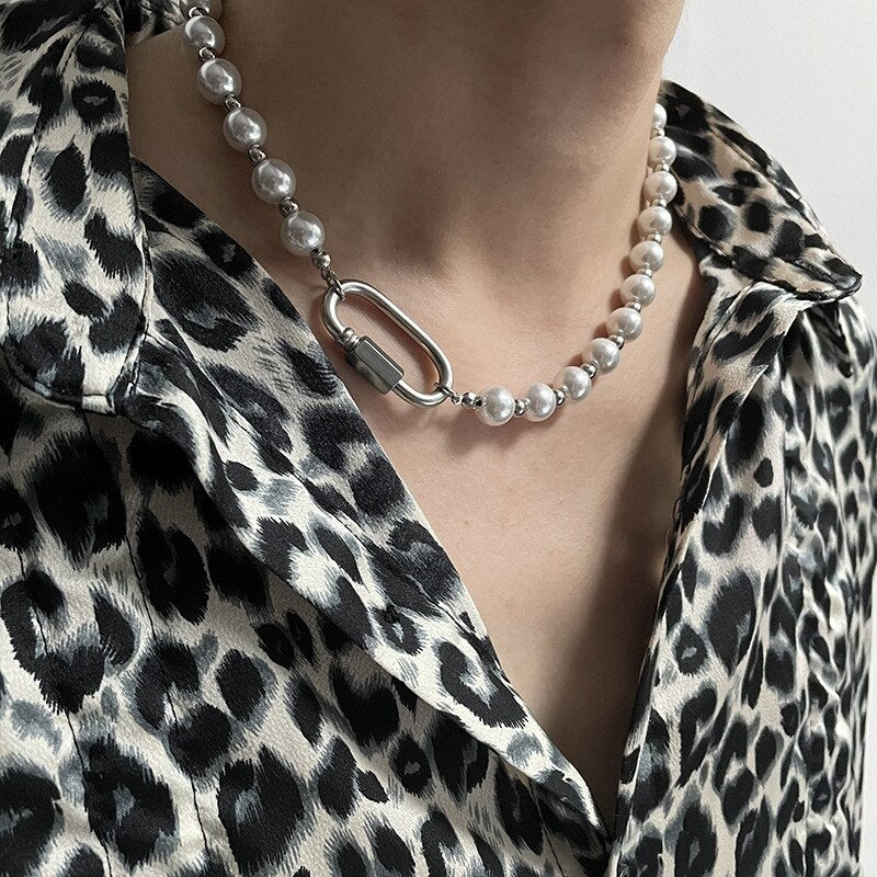 Timeless Fusion: Stainless Steel Imitation Pearl Carabiner Necklace-Necklace-StylinArts
