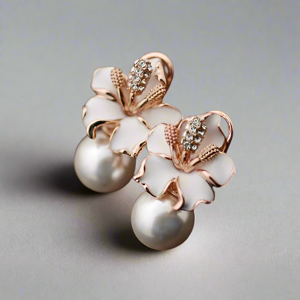 Blooming Lily Rose Gold Pearl Earrings 18K – A Symphony of Elegance and Strength-Fashion Earrings-StylinArts