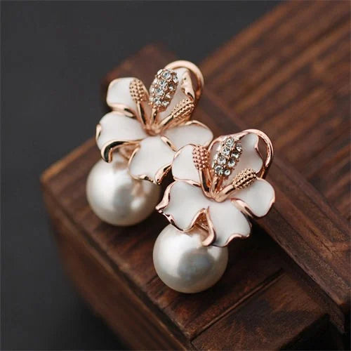 Blooming Lily Rose Gold Pearl Earrings 18K – A Symphony of Elegance and Strength-Fashion Earrings-StylinArts