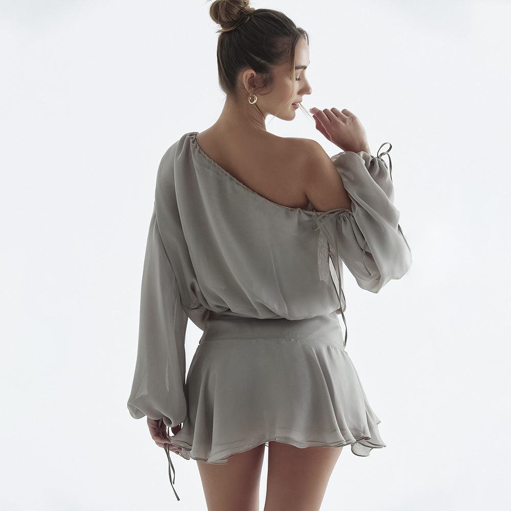 Chiffon Shoulder Long Sleeve Dress: Spring Women's Fashion, Short Length-One Shoulder-StylinArts