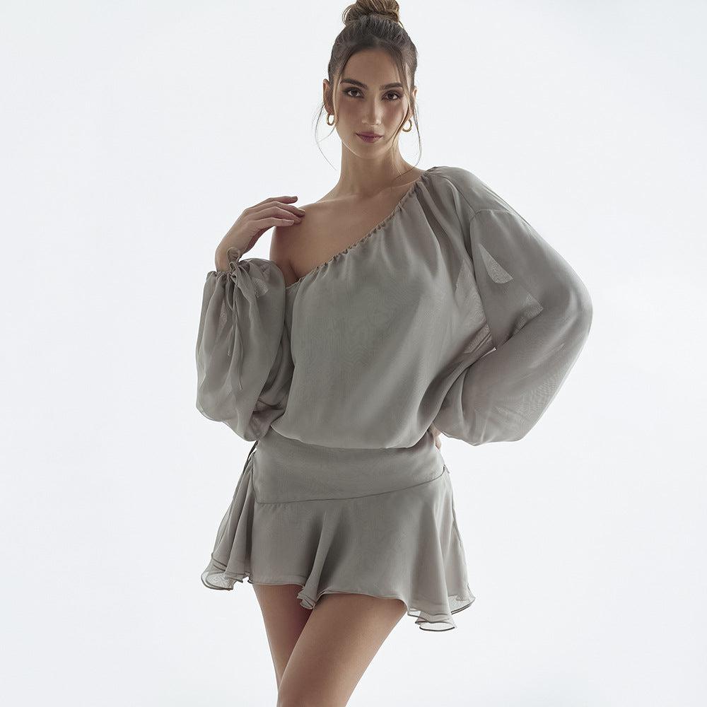Chiffon Shoulder Long Sleeve Dress: Spring Women's Fashion, Short Length-One Shoulder-StylinArts