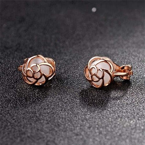 Opal Inlaid Hollow Flower Design Rose Gold Earrings - White