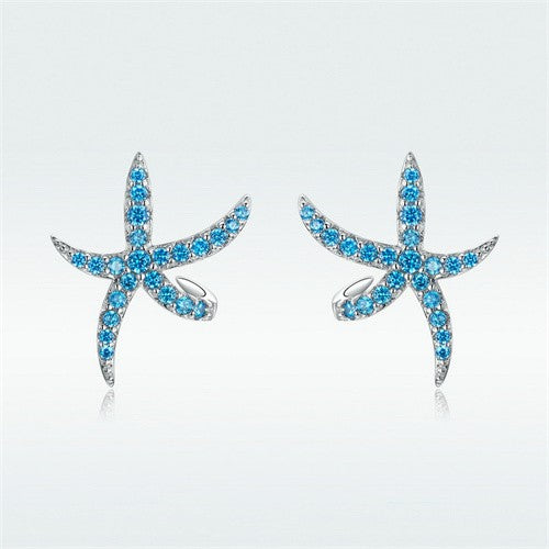 Ocean Breeze: Blue Starfish Sterling Silver Stud Earrings-Fashion Earrings-StylinArts