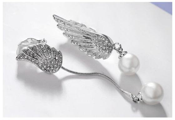 Ethereal Wings: 18K Platinum Asymmetrical Pearl Drop Earrings-18K Gold Plated Earrings-StylinArts