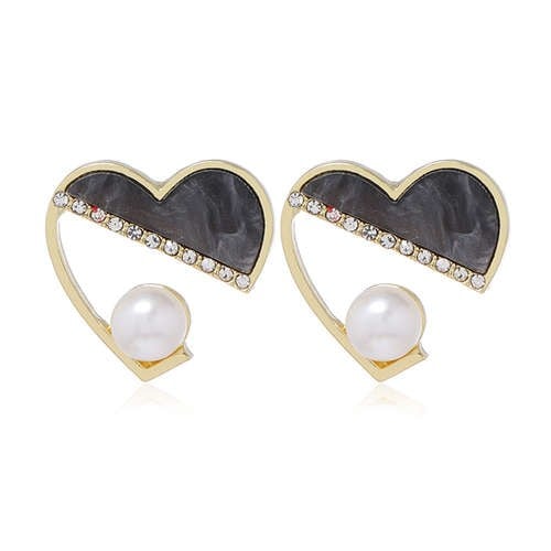 Rhinestone and Artificial Pearl Embellished Cute Heart Design Korean Fashion Women Earrings - Black