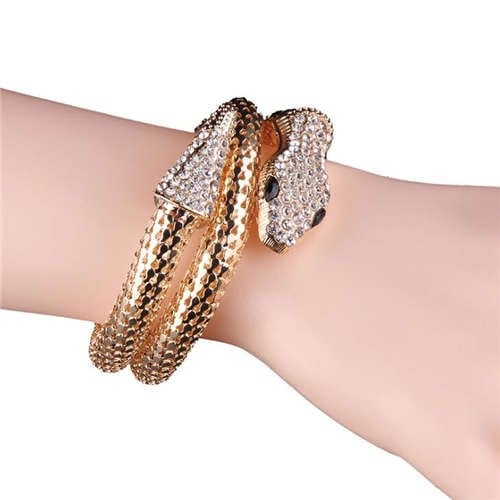 Rhinestone Embellished Coiled Snake Design High Fashion Women Alloy Bracelet - Golden